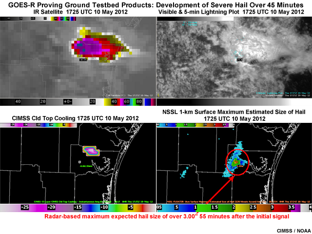 First in a series of four 4-panel images showing the buildup of hail over a 45 minute period.  Products shown include a GOES infrared image, a visible image and 5-minute lightning plot, the CIMSS cloud top cooling product, and NSSL 1-km surface maximum estimated hail size product at 1725 UTC on May 10, 2012.