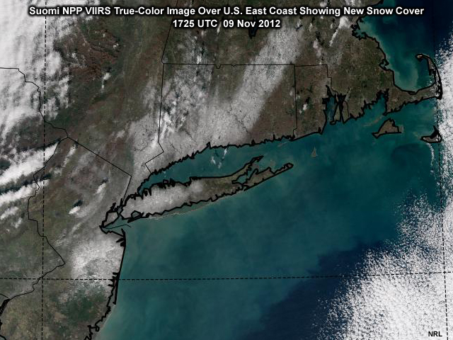 A VIIRS true-color composite image taken by the Suomi NPP polar-orbiting satellite highlighting snow cover following a 'noreaster' storm affecting the U.S. East Coast taken at 1725 UTC on 9 November, 2012.