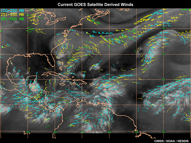 GOES satellite derived water vapor winds showing current wind data density with GOES 13 to 15 satellites.