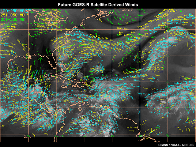 GOES satellite derived water vapor winds showing higher wind data density with GOES-R satellites compared to current GOES 13-15 satellites.