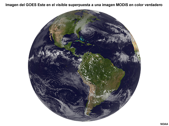 Imagen visible de disco completo de la Tierra del GOES-Este superpuesta a una imagen MODIS en color verdadero