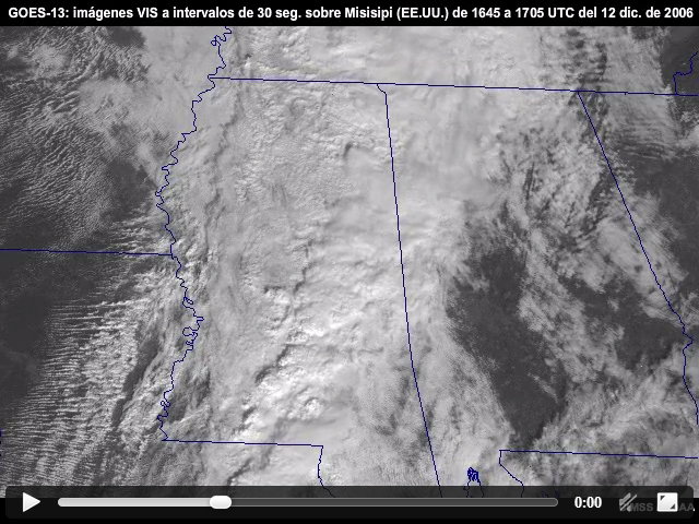 Imgenes visibles captadas a intervalos de 30 segundos con el sistema de operacin de barrido superrpido (Super Rapid Scan Operations, SRSO) del GOES-13 que muestra una zona de conveccin sobre el estado de Misisipi (EE.UU.) entre las 16:45:16 y las 17:05:52 UTC del 23 de diciembre de 2006.