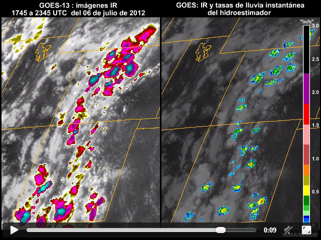 Animacin de imgenes del GOES-13 en dos paneles: imgenes infrarrojas realzadas con colores (izquierda) e imgenes infrarrojas con el producto tasa de lluvia instantnea del hidroestimador de NOAA-NESDIS superpuesto (derecha) que muestran el desarrollo de la conveccin sobre el terreno de montaa del sudoeste de los EE.UU. entre las 1745 y las 2345 UTC del 6 de julio de 2012.
