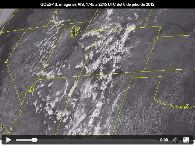 Animacin de imgenes visibles del GOES-13 que muestra el desarrollo de conveccin sobre el sudoeste de los EE.UU. entre las 1745 y las 2245 UTC del 6 de julio de 2012.