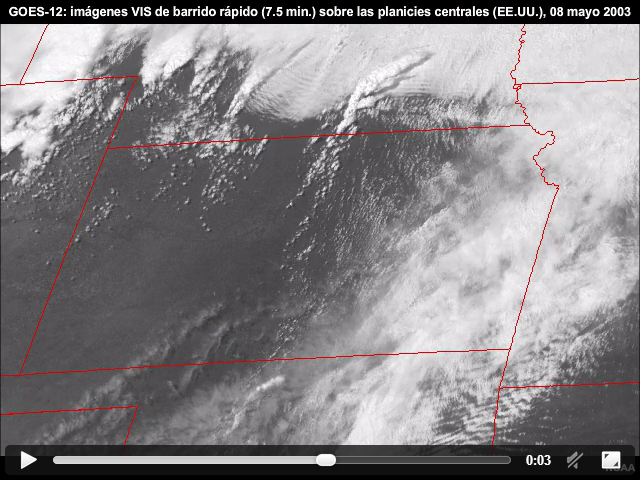 Animacin de imgenes visibles captadas en modo de barrido rpido de 7.5 minutos del GOES-12 que muestra el desarrollo de la conveccin delante del avance de un frente fro y una lnea seca sobre la regin de las planicies centrales de los Estados Unidos en las horas de la tarde del 8 de mayo de 2003.