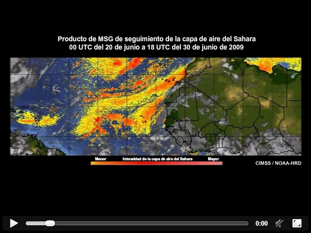 Producto de seguimiento de la capa de aire del Sahara producido con datos de Meteosat-9 que muestra el movimiento de la capa de aire del Sahara a travs del Atlntico entre el 28 y el 30 de junio de 2009.