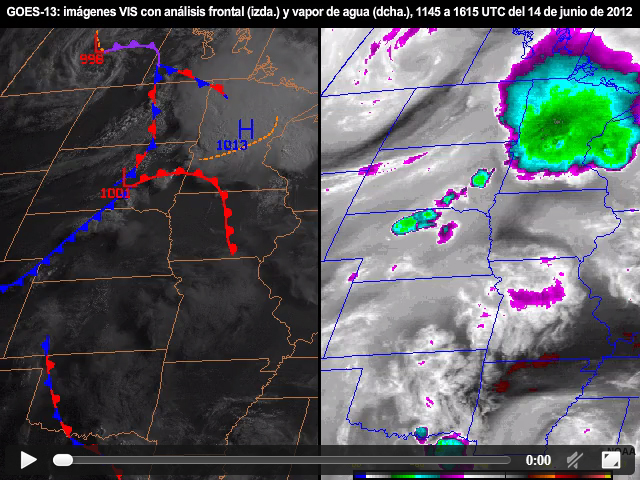 Secuencia de imgenes regulares de los canales visible y de vapor de agua del GOES-13 a intervalos de 15 minutos con anlisis de frentes superpuesto que muestra el entorno preconvectivo a travs de las planicies centrales de Norteamrica durante las primeras horas de la maana del 14 de junio de 2012, entre las 1145 y las 1615 UTC.