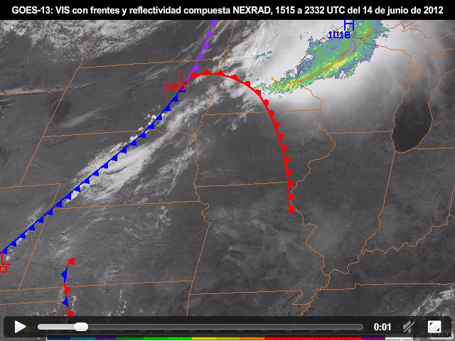 Secuencia de imgenes regulares de los canales visible y de vapor de agua del GOES-13 a intervalos de 15 minutos con anlisis de frentes superpuesto que muestra el entorno preconvectivo a travs de las planicies centrales de Norteamrica durante las primeras horas de la maana del 14 de junio de 2012, entre las 1145 y las 1615 UTC.