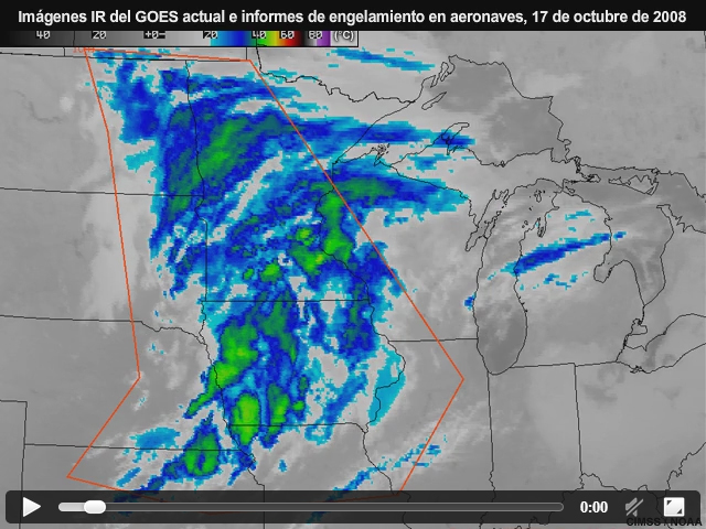 Animacin de imgenes captadas con el canal de ventana infrarroja del GOES-12 con los lmites de engelamiento AIRMET e informes de hielo PIREP superpuestos para el perodo de 0945 a 1731 UTC del 17 de octubre de 2008.