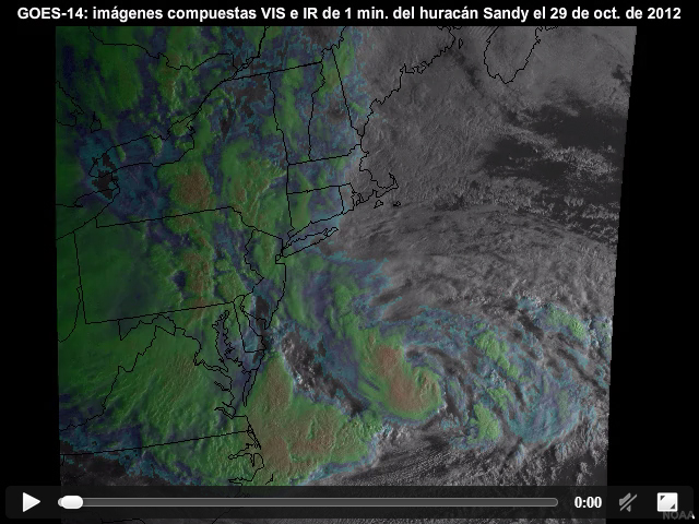 Animacin de una hora de imgenes visibles e infrarrojas de 1 minuto del GOES-14 captadas antes de que el huracn Sandy tocara tierra en la costa central del Atlntico de EE.UU., entre las 12:00 y las 13:10 UTC del 29 de octubre de 2012.