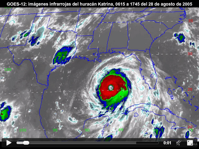 Animacin de imgenes infrarrojas de 10.7 micrmetros del GOES-12 que muestran el huracn Katrina sobre el golfo de Mxico cuando alcanzaba su mxima intensidad, entre las 0615 y las 1745 del 28 de agosto de 2005.