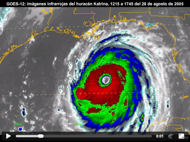 Animacin de imgenes infrarrojas de 10.7 micrmetros a la resolucin mxima de 4 km del GOES-12 que muestran el huracn Katrina sobre el golfo de Mxico cuando alcanzaba su mxima intensidad, entre las 1215 y las 1745 del 28 de agosto de 2005.