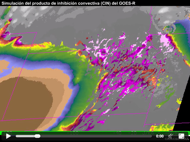 Animacin de productos de inhibicin convectiva (CIN) simulados del GOES-R para un episodio de tormentas ocurrido el 25 de mayo de 2000 sobre Kansas.