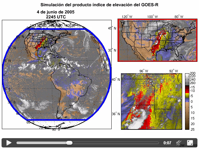 Simulacin de imgenes del producto ndice de elevacin derivado del GOES-R que compara las coberturas de disco completo, del territorio continental de Estados Unidos y de sector de mesoescala y las respectivas frecuencias de actualizacin durante un perodo de dos horas el 4 de junio de 2005.
