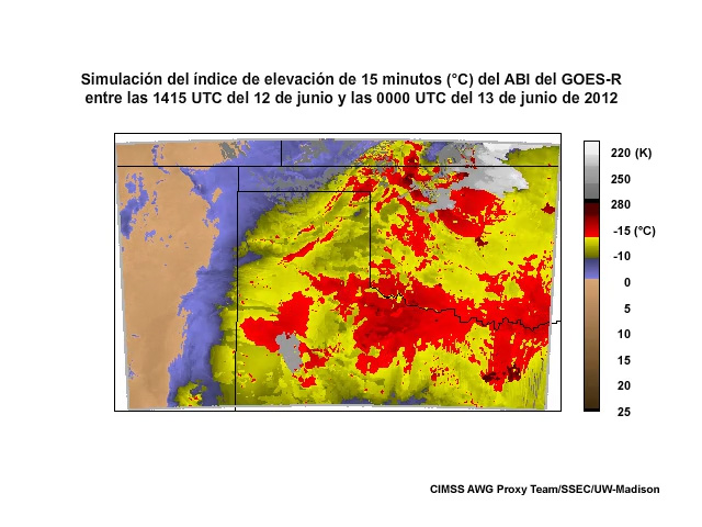 Simulacin del ndice de elevacin del ABI del GOES-R para el perodo entre las 1415 UTC del 12 de junio de 2012 y las 0000 UTC del 13 de junio de 2012.