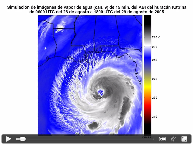 Animacin de imgenes simuladas del canal de 6.95 micrmetros de vapor de agua (canal 9) del ABI que muestra el huracn Katrina entre las 0600 UTC del 28 de agosto y las 1800 UTC del 29 de agosto de 2005.