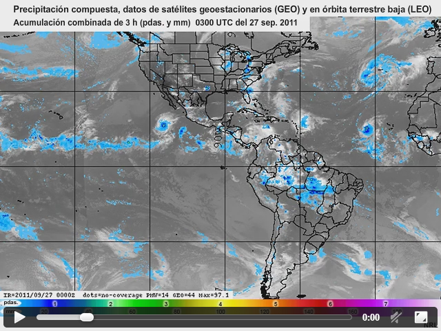 Animacin del producto combinado de satlites geoestacionarios y en rbita polar de la lluvia acumulada cada tres horas entre las 00 UTC del 27 y las 00 UTC del 28 de septiembre de 2011.