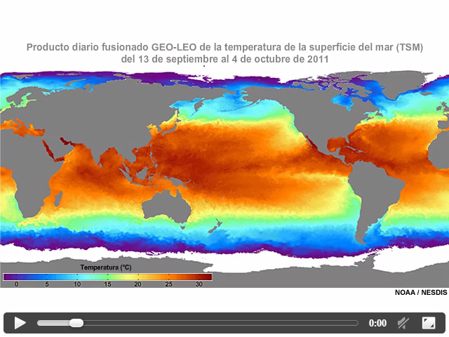 Animacin del anlisis compuesto de temperatura de la superficie del mar a partir de imgenes de satlites geoestacionarios y en rbita polar, para los 30 das entre el 13 de septiembre y el 4 de octubre de 2011