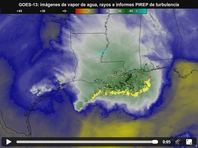 Imgenes de vapor de agua del GOES-13 con rayos y datos de turbulencia de informes PIREP.