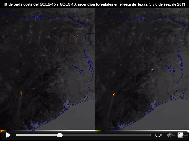 Animacin de imgenes del canal IR de onda corta de 3.9 micrmetros del GOES-15 y del GOES-13 que muestra los incendios forestales en Texas oriental entre el 5 y el 6 de septiembre de 2011.