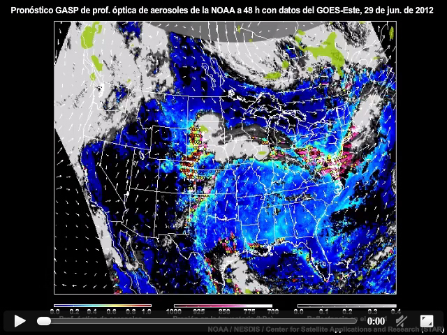 Pronstico de la profundidad ptica y trayectorias de aerosoles a 48 horas basado en la combinacin de mediciones terrestres y satelitales, observaciones meteorolgicas y modelado numrico; producido el 29 de junio de 2012.