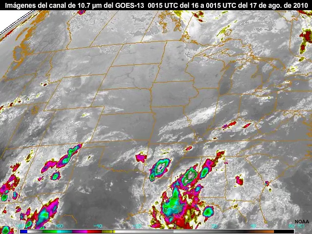 Animacin de imgenes del canal de 10.7 m del GOES-13 durante las 24 horas entre las 0015 UTC del 16 de agosto y las 0015 UTC del 17 de agosto de 2010