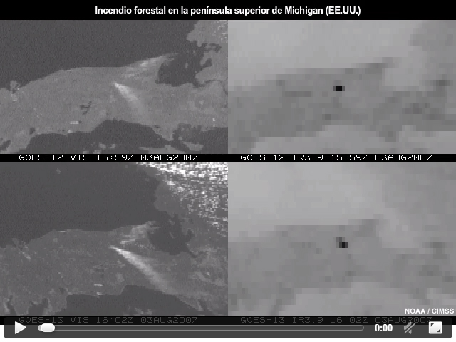 Comparacin de imgenes en el visible e infrarrojo de onda corta del GOES-12 y del GOES-13 que muestra la mejor geolocalizacin de pxeles del GOES-13 al observar un incendio forestal en la regin de la pennsula superior de Michigan el 3 de agosto de 2007.