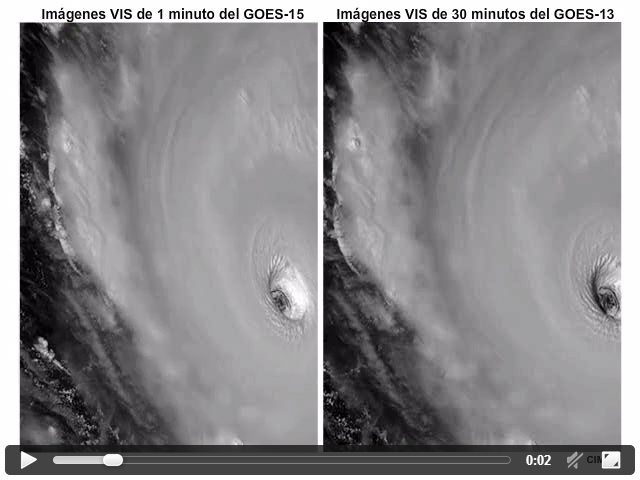 Comparacin de las imgenes visibles de 1 minuto del GOES-15 con las de 30 minutos del GOES-13 que muestra el huracn Igor cerca de su mxima intensidad entre las 1815 y las 1945 UTC del 13 de septiembre de 2010.