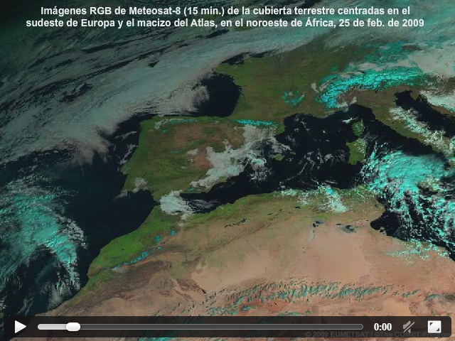 Imagen RGB compuesta en color natural de Meteosat-8 que muestra el reverdecimiento de Espaa y el macizo del Atlas, en el noroeste de frica, debido al crecimiento de la vegetacin en el sur de la cadena de montaas estimulado por las lluvias recientes de las 10 UTC del 25 de febrero de 2009.