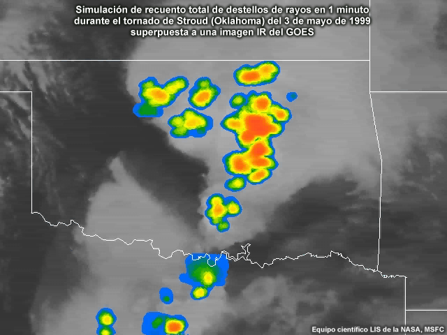 Datos simulados del sensor de rayos geoestacionario (Geostationary Lightning Mapper, GLM) superpuestos a una imagen satelital infrarroja de la tormenta que engendró el tornado de Stroud, Oklahoma, el 3 de mayo de 1999.