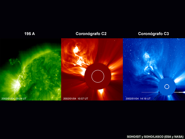 Tres imágenes de una misma eyección de masa coronal, que fue observada el 4 de enero de 2002. Las imágenes fueron capturadas con los instrumentos SOHO/EIT y SOHO/LASCO.