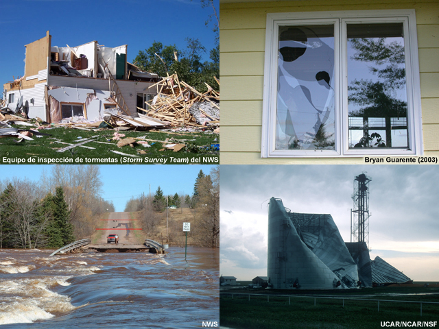 Izquierda superior: casa de dos pisos dañada por un tornado engendrado por una supercélula el 21 de septiembre de 2005. El tornado arrancó el techo y las paredes del piso superior, dejando la zona cubierta de escombros. Derecha superior: ventanas dobles dañadas por granizo del tamaño de una naranja. Izquierda inferior: carretera dañada por la inundación del río Black, cerca de Bessemer, Michigan (EE.UU.). Derecha inferior: silo aplastado por vientos huracanados durante el proyecto de estudio en el campo BAMEX.
