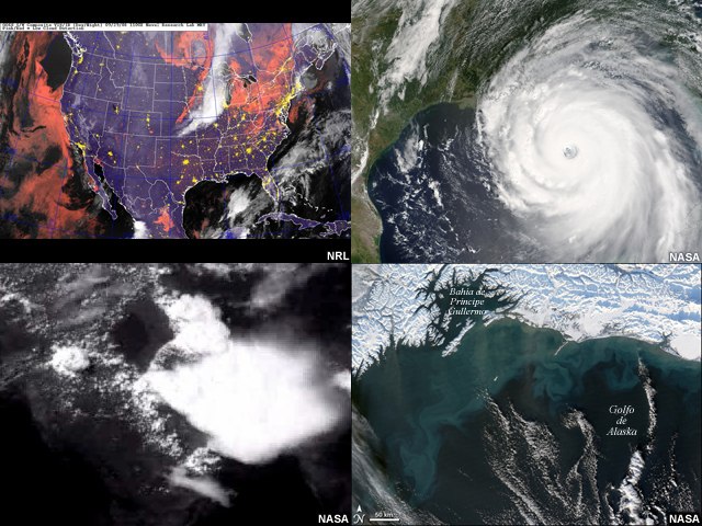 Izquierda superior: vista del territorio continental de Estados Unidos en el producto niebla/nubes bajas del GOES-11 que muestra un enorme banco de niebla junto a la costa del Pacífico. Derecha superior: imagen MODIS de huracán Katrina antes de que tocara tierra el 28 de agosto de 2005. Izquierda inferior: imagen del satélite GOES-9 de un evento de brisa marina en Florida. Derecha inferior: imagen color de MODIS centrada en el Golfo de Alaska, cerca de la Bahía del Príncipe Guillermo. Se observa una gran floración fitoplanctónica que se extendía a través de la zona en el momento de captar la imagen.