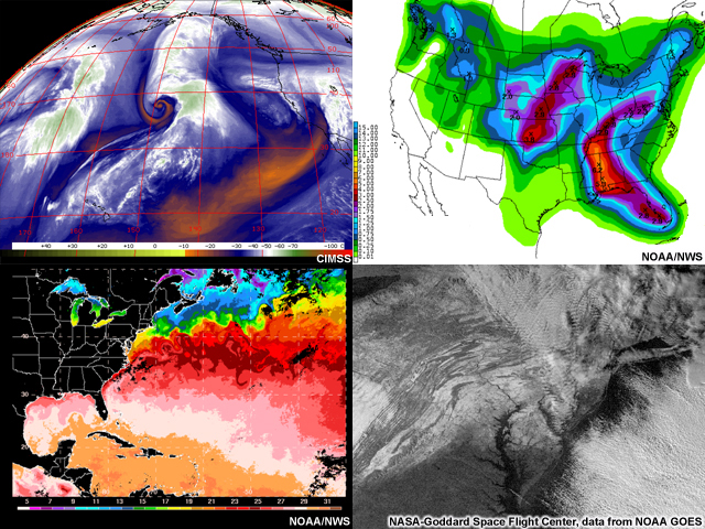 Izquierda superior: imagen de vapor de agua del Pacífico nororiental, donde se observa una familia de ciclones que se extiende a lo largo del océano. Izquierda inferior: pronóstico cuantitativo de la precipitación. Derecha superior: imagen compuesta del GOES de la temperatura de la superficie del mar, durante 5 días, con una resolución de 6 km. Derecha inferior: ampliación de la región del noreste de Estados Unidos en la cual se observa el efecto de pixelación causado por la escasa resolución.