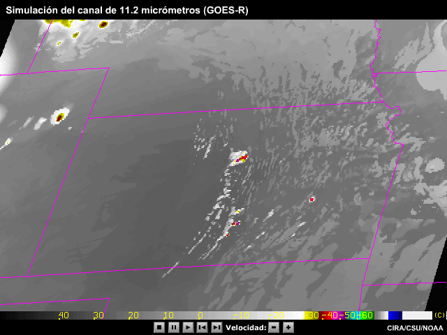 Simulación de las imágenes satelitales del canal de 11.2 micrómetros del GOES-R. La animación muestra la evolución de algunas tormentas en Kansas y Nebraska, en la región central de los Estados Unidos.
