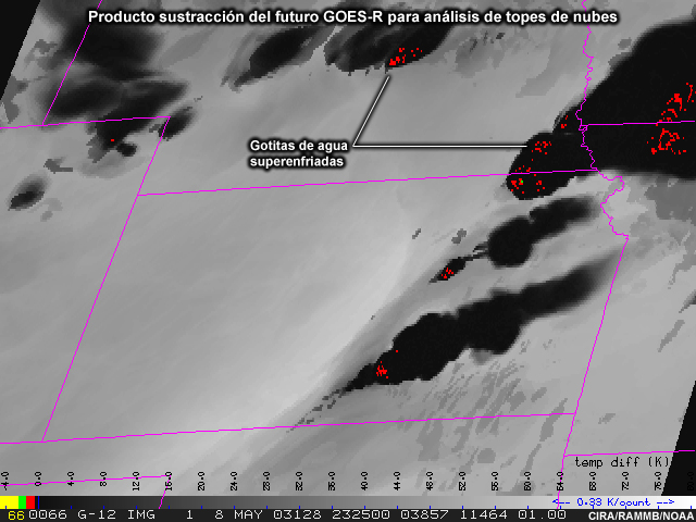 Comparación de una imagen infrarroja de 11,2 micrómetros del GOES actual y una simulación del producto de sustracción de los canales de 10,35 micrómetros y el de 6,185 micrómetros del satélite GOES-R para el 8 de mayo de 2003. Las imágenes muestran varias tormentas maduras y señales características en V, además de zonas donde los topes de las nubes contienen gotitas de agua superenfriadas.