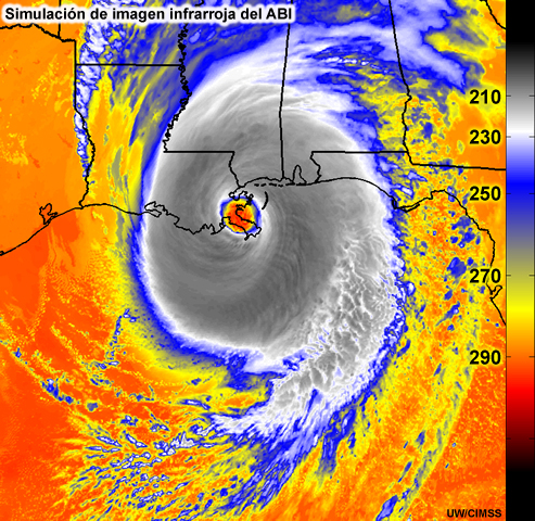 Simulación de imagen del generador de imágenes de base avanzado (Advanced Baseline Imager, ABI) del GOES-R que muestra huracán Katrina en el momento de llegar a la costa al sudeste de Luisiana.