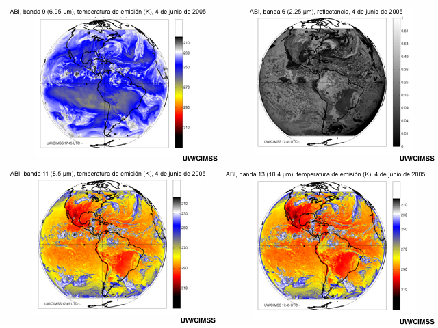 Simulación de imágenes del generador avanzado de imágenes de base (Advanced Baseline Imager, ABI), que genera una vista casi de disco completo desde el GOES Este. Izquierda superior: 6.95 micrómetros (vapor de agua). Derecha superior: 2.25 micrómetros (IR). Izquierda inferior: 8.5 micrómetros (IR). Derecha inferior: 10.4 micrómetros (IR).