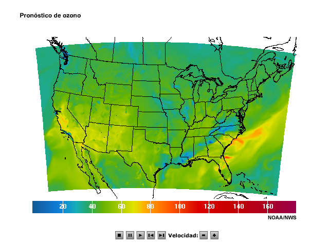 Animación del pronóstico de ozono para el territorio continental de Estados Unidos.