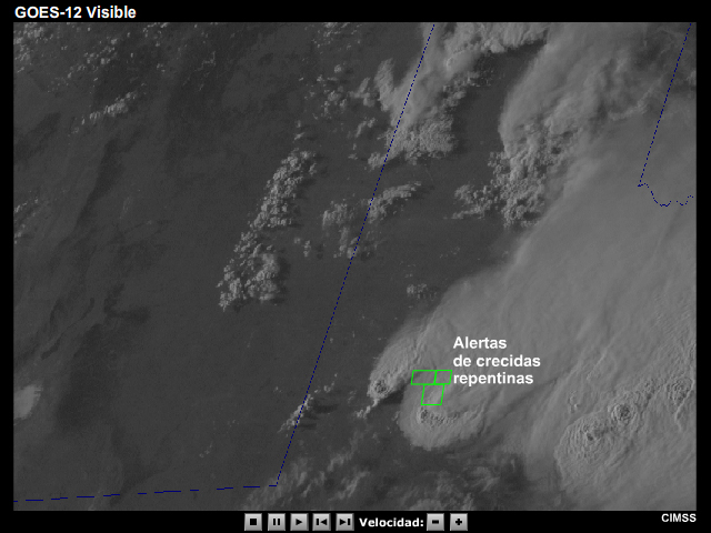 Animación de imágenes en el visible del GOES-12 de la evolución de convección sobre Texas, seguida de un frente de racha que a su vez inicia otra etapa de convección. Las flechas indican la posición de las corrientes salientes y la convección nueva. Otras flechas indican el movimiento de las tormentas más importantes. Finalmente, se superponen las áreas cubiertas por avisos de crecida repentina a la animación para mostrar la zona que puede verse afectada por tales inundaciones.
