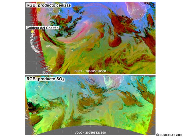 Dos vistas del hemisferio sur que muestran una nube de cenizas volcánicas proveniente de la costa sudamericana que se extiende sobre el océano Atlántico (arriba) y una pequeña nube de SO2 sobre el Atlántico central (abajo), ambas engendradas por el volcán Chaitén (Chile).