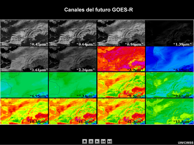 Animación que muestra el aumento en el número de canales disponibles en el futuro GOES-R en comparación con los del actual GOES-12. Los canales se identifican por su longitud de onda.