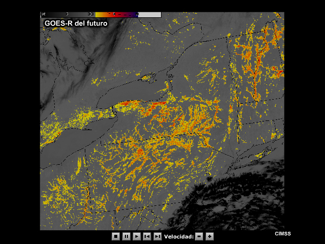 Animación que permite comparar una imagen de la niebla en los valles del noreste de EE.UU. obtenida con el canal de 3.9 micrómetros del GOES-11 con una simulación (de MODIS) de una imagen del GOES-R de la misma vista.