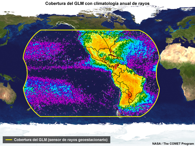 Cobertura del sensor de rayos geoestacionario (Geostationary Lightning Mapper, GLM) superpuesta a un mapa mundial.