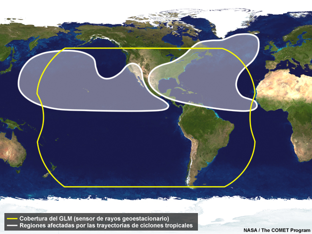 Mapa de cobertura del sensor de rayos geoestacionario (Geostationary Lightning Mapper, GLM) del GOES y las regiones afectadas por los huracanes.