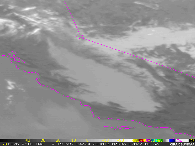 Niebla en el Valle Central de California capturada en una imagen infrarroja del GOES-10.