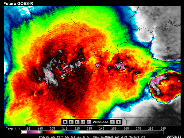 Animación de la diferencia entre la resolución espacial de las imágenes satelitales infrarrojas del GOES-8 y la resolución espacial de las imágenes satelitales infrarrojas del GOES-R para un complejo de tormentas que se formó el 25 de mayo de 2000.