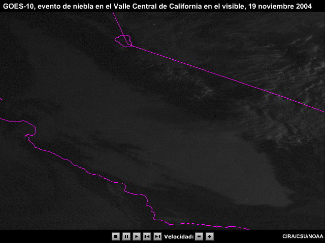 Animación de una secuencia de imágenes en el visible del GOES-10 de un episodio de niebla en el Valle Central de California que simula el GOES-R. Se observan varias ondas y remolinos en la superficie del banco de niebla.