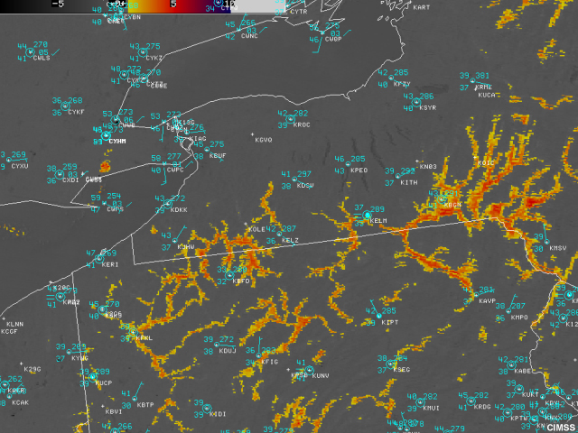 Simulación de imagen infrarroja del GOES-R de la niebla en los valles de los estados de Pennsylvania y Nueva York.