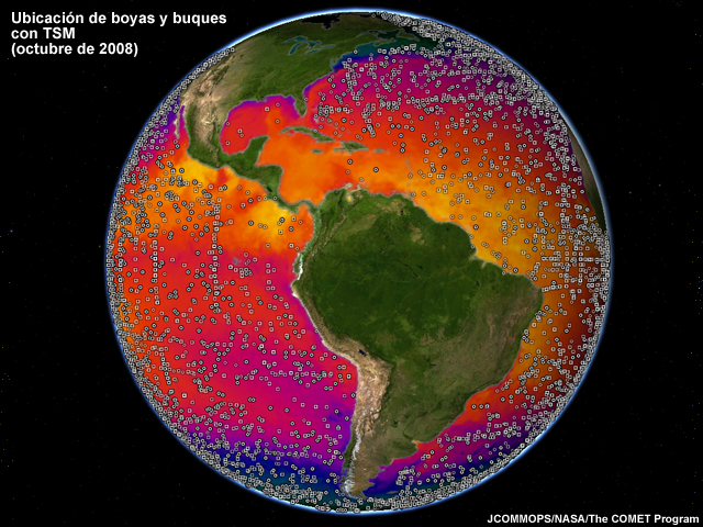 La red mundial de boyas, que incluye buques, boyas flotantes y boyas ancladas, desde la perspectiva de un satélite geoestacionario (GOES Este). La imagen también muestra la temperatura de la superficie del mar, para destacar las áreas del globo terráqueo donde las observaciones de la superficie del mar son escasas.